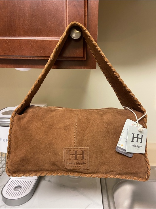Haute Hippie Handbags - Haute Hippie Cognac Suede Woven-Trim Shoulder Bag
